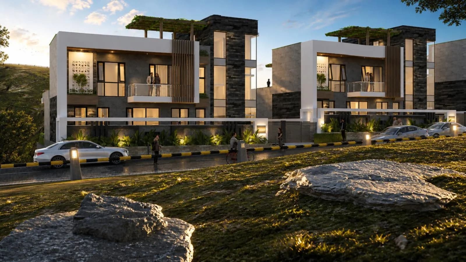 Street view of Motus Luxora hillside villas at dusk